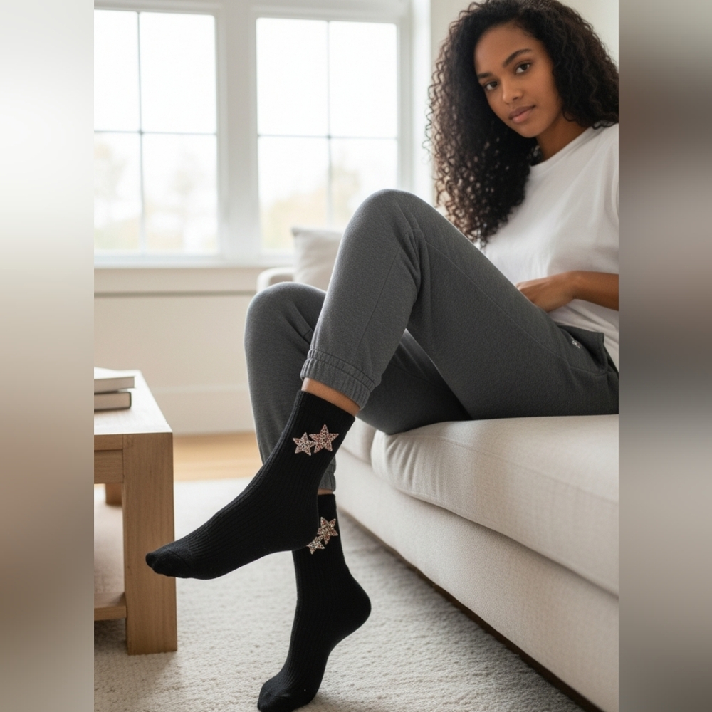 Crew Socks w/Crystal Stars in Black, White, Pink, Tan or Rust